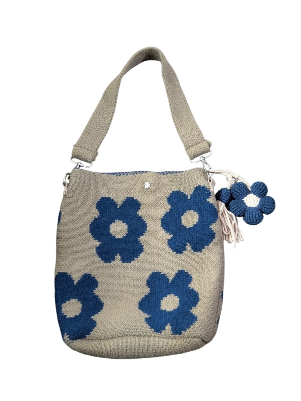Handmade Crochet Knit Shoulder Bag with Blue Floral Pattern